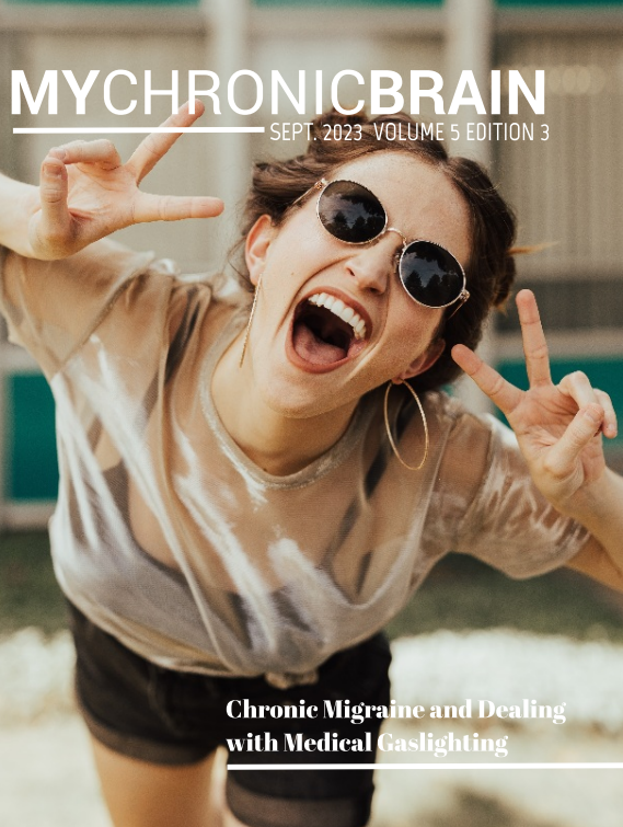 My Chronic Brain cover for September 2023. Volume 5, Edition 3. A woman smiles while wearing sunglasses and showing peace signs.